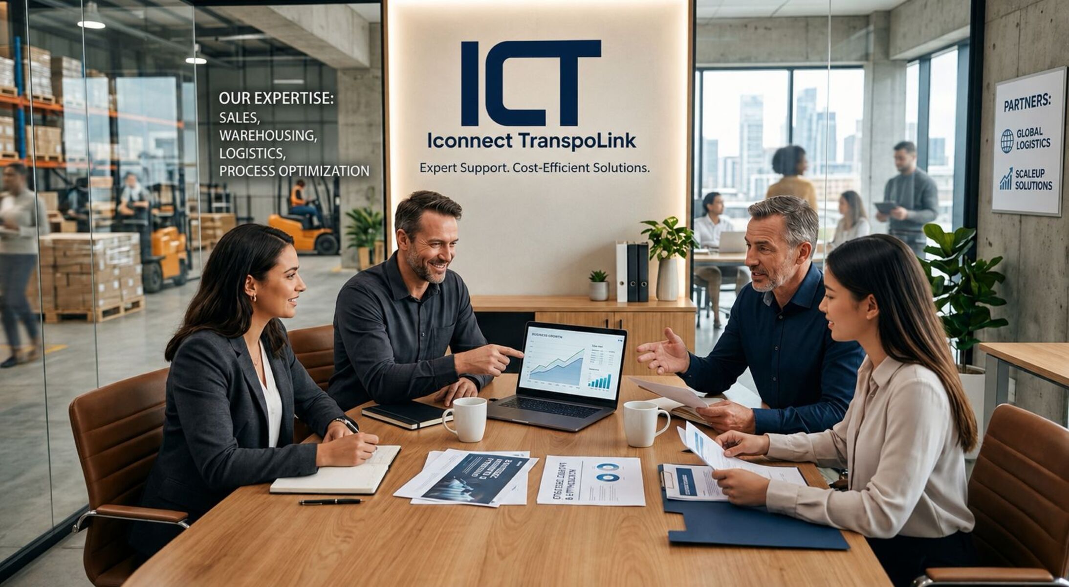 Professional business partners discussing consulting and logistics solutions